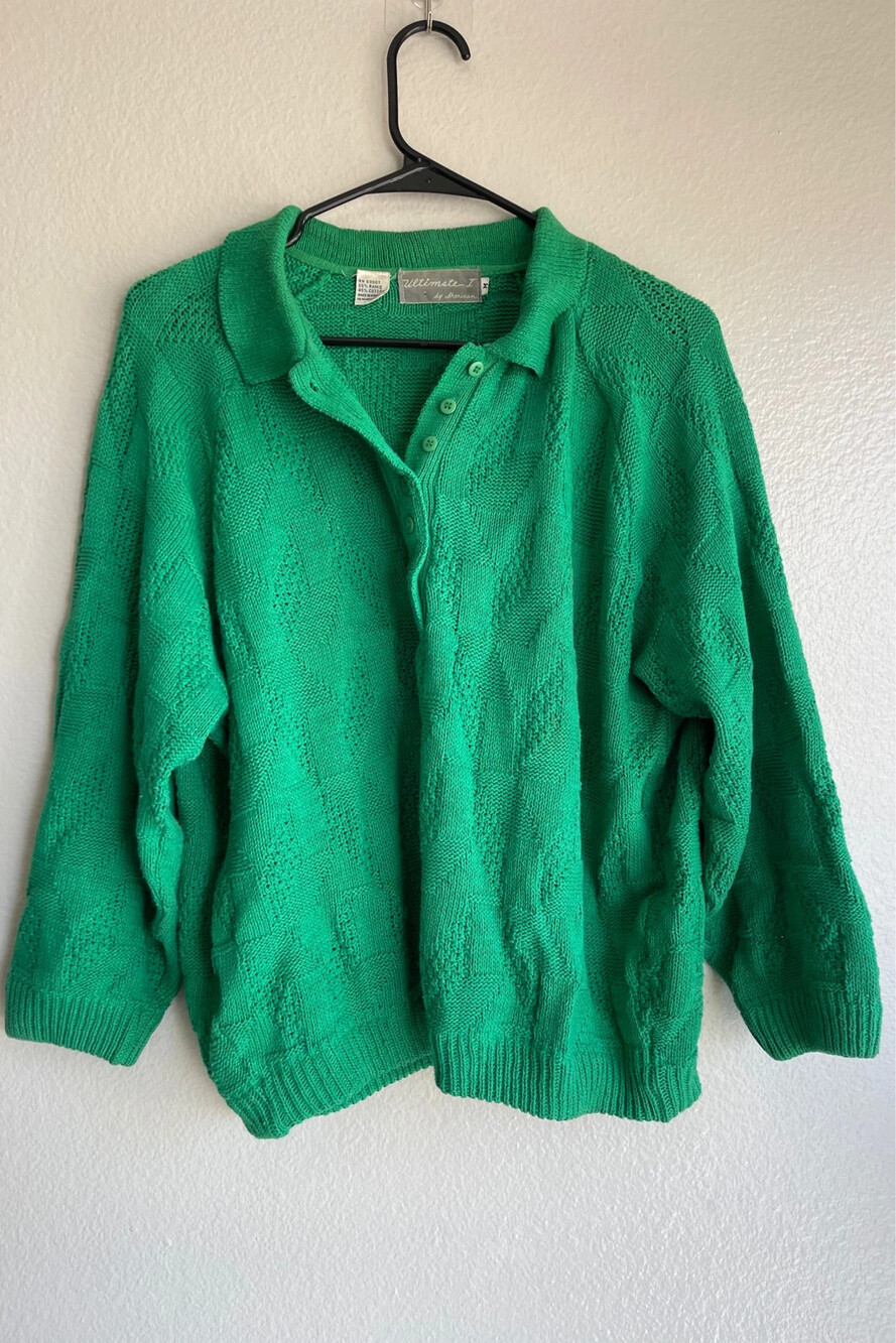 Vintage Ultimate I by Sheridan green textured knit polo sweater collar with butt